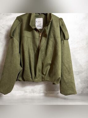 Olive Green Suede-Look Bomber Jacket Sz S Women